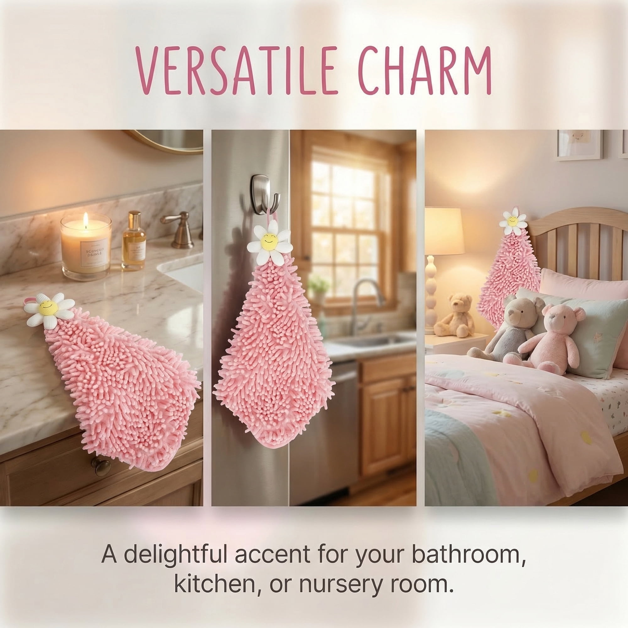 Unique Bargains Soft Absorbent Quick Dry Cute Flower Chenille Hand Towels Pink 12" x 12"