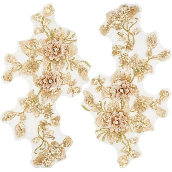 2Pcs 3D Sequins Embroidered Lace Applique Flowers Sew on Trim Patches Glitter Beaded Floral Collar Fabric Craft Decoration Patch for Sewing Wedding Clothes Dress Pants Jeans Bag Goldenrod diy