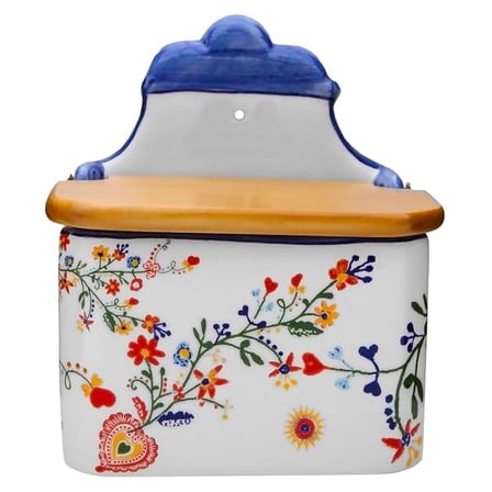 Portuguese Pottery Alcobaça Ceramic Salt Cellar with Lid Floral Made in Portugal