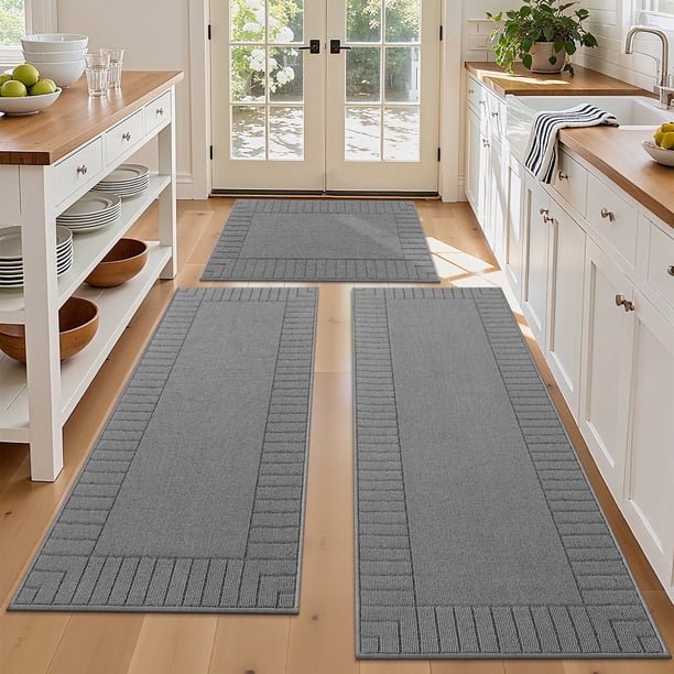MeyJey Juego de Tapetes de Cocina de 3 Piezas, Tapetes Antideslizantes Lavables a Máquina para el Piso Del Hogar y la Sala de Estar, Gris