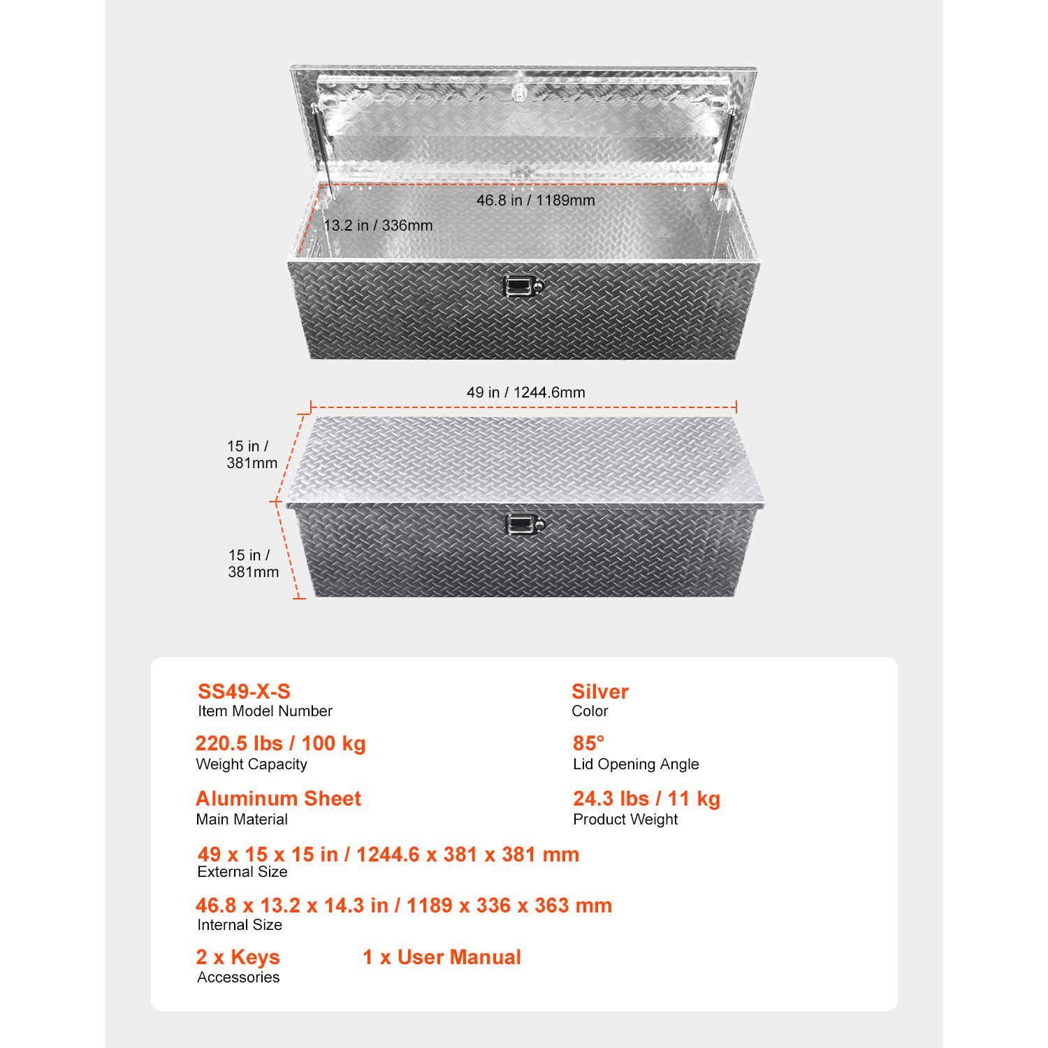 KFFKFF Heavy-Duty Aluminum Truck Bed Toolbox, Diamond Plate Storage Chest with Side Handles and Locking Mechanism, Organizer for Trailers, Pickups, Truck Beds, and RVs, 49"x15"x15", Silver