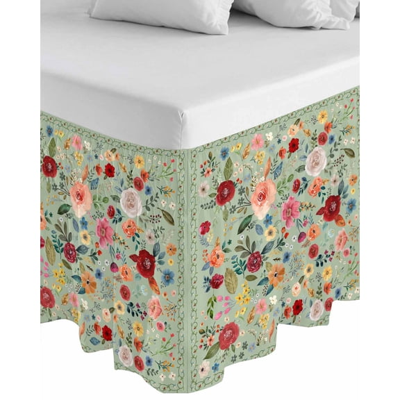 Sage Green Floral Wrap Around Bed Skirts for Queen Bed 16" Drop,Bed Skirt with Adjustable Elastic Belt Dust Ruffle Bed Valance for Bedroom Hotel Luxury Spring Flowers Leaves Farmhouse Bed Frame Cover