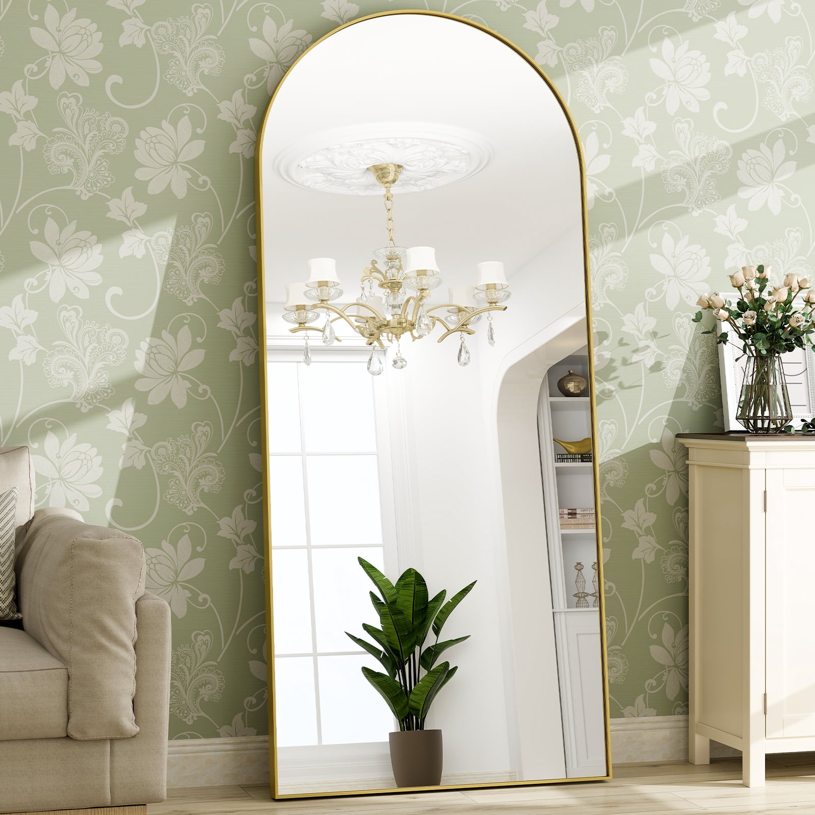 Fynelo 76"x34" Arched Full Length Floor Mirror Free-standing Mirror with Aluminum Alloy Frame, Gold