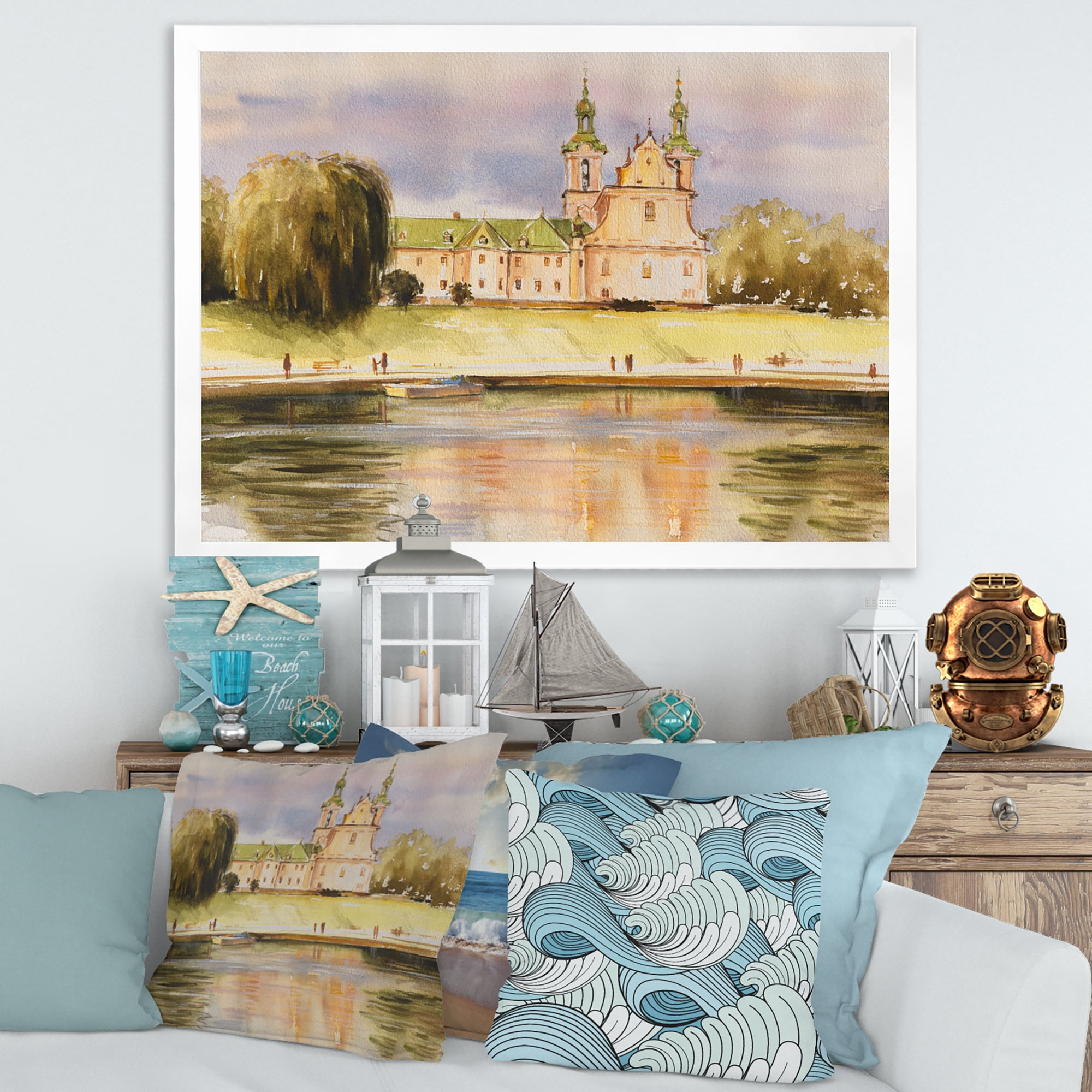 Designart 'Historical Church On The Rock On Banks of The River' Lake House Framed Art Print