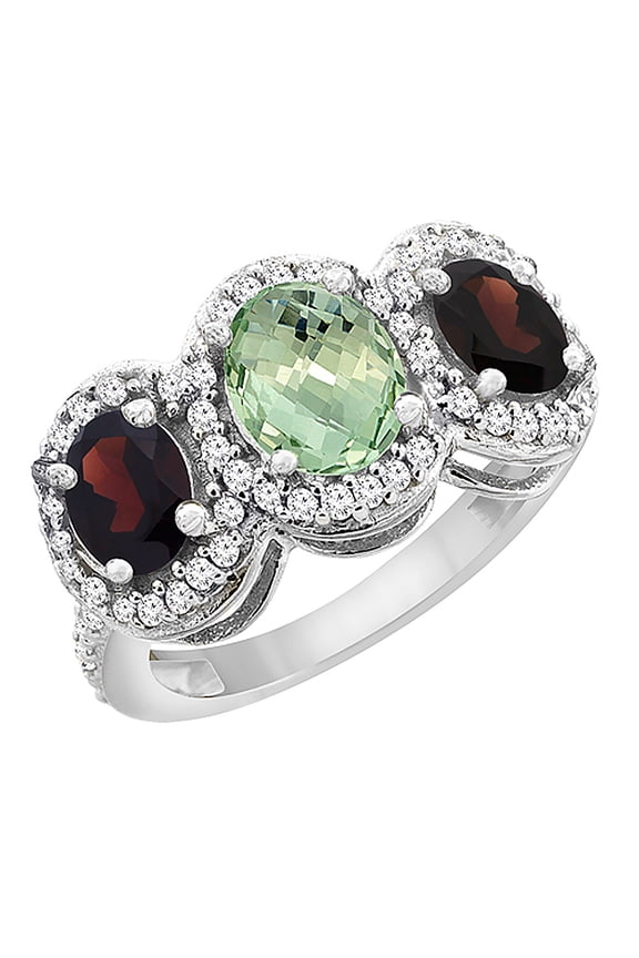 14K White Gold Natural Green Amethyst & Garnet 3-Stone Ring Oval Diamond Accent, size 10