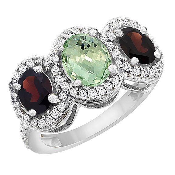 14K White Gold Natural Green Amethyst & Garnet 3-Stone Ring Oval Diamond Accent, size 6