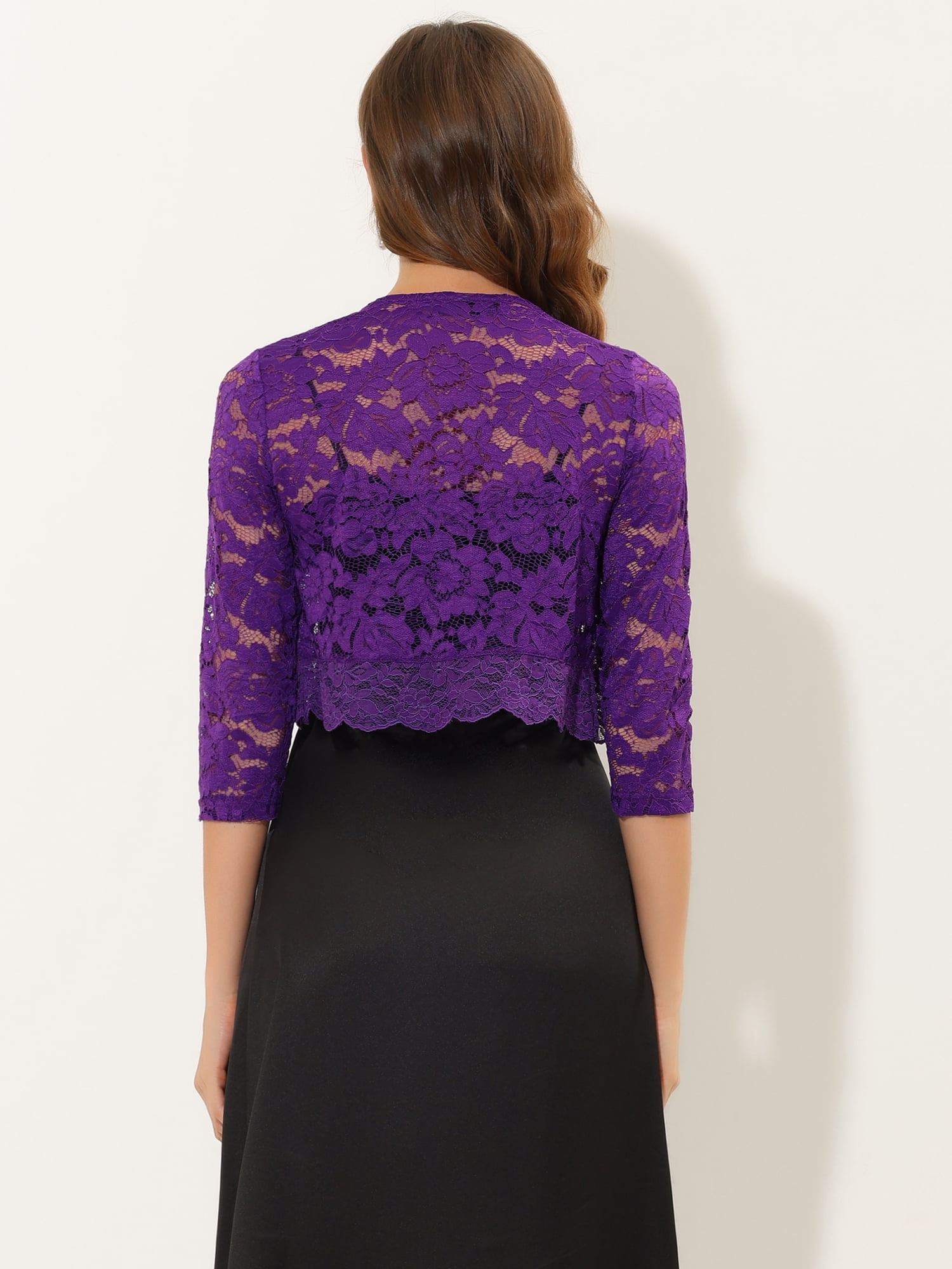 DARING DIVA 3/4 Sleeve Sheer Floral Lace Shrug Top S Violet