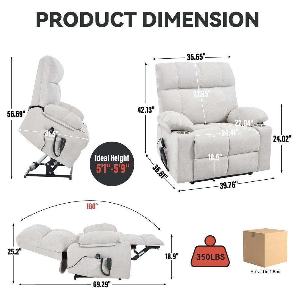 Resenkos Recliner 24.5" Wide with Dual Motors, Massage & Heat, Cup Holders, 350lb Capacity, Beige