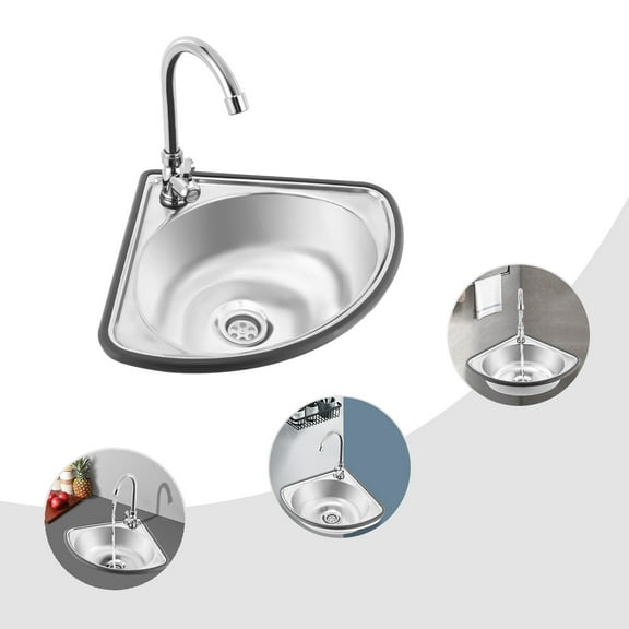TFCFL Single Triangle Wash Basin Corner Sink Small Bar Sink Stainless Steel w/ Faucet