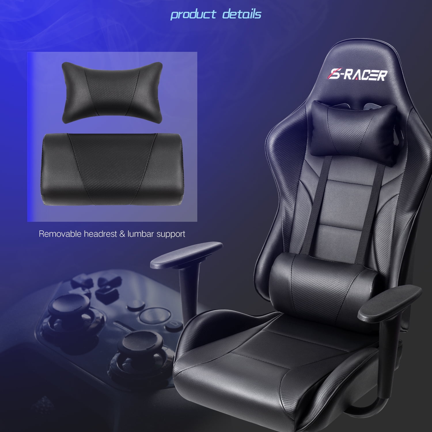 Lacoo Gaming Chair in Home Office PU Leather Reclining Gaming Chair Adjustable Adjustable Headrest and Lumbar Pillow, Black