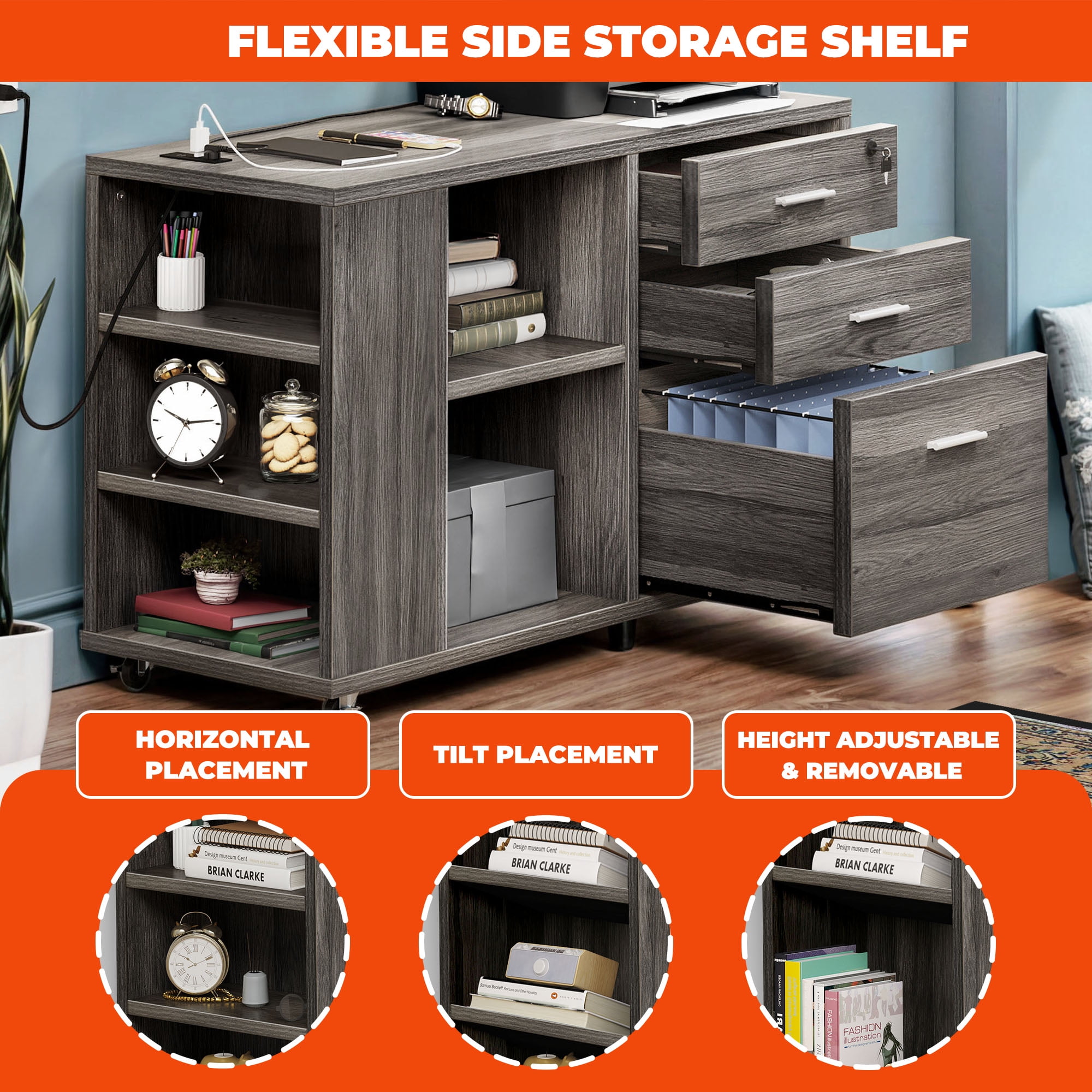 Wooflex Lateral Filing Cabinet with Charging Hub, Adjustable Shelf, Locking Drawers, Wheels, Modern 1x3x2 ft Portable Modern Wood Printer Stand, Ash Charcoal Gray