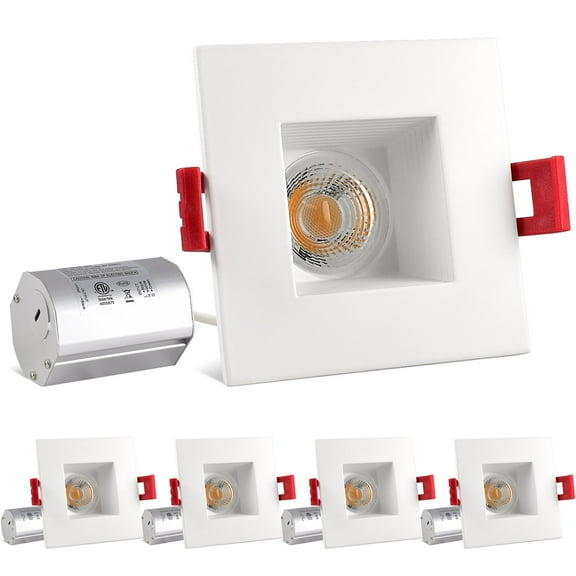 Luxrite 2 inch Square Dimmable LED Recessed Light with J-Box, 8W =50W, 5000K Bright White, 600 Lumens, White 4-Pack