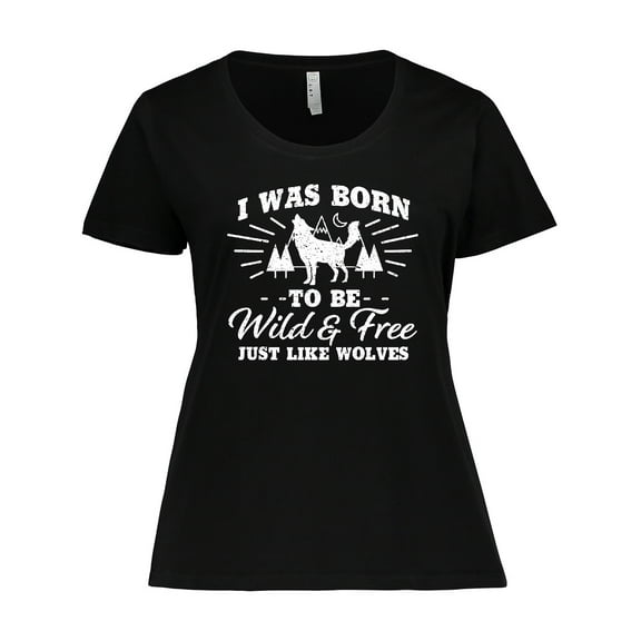 Inktastic I was Born to be Wild and Free with Wolf and Mountains Women's Plus Size T-Shirt