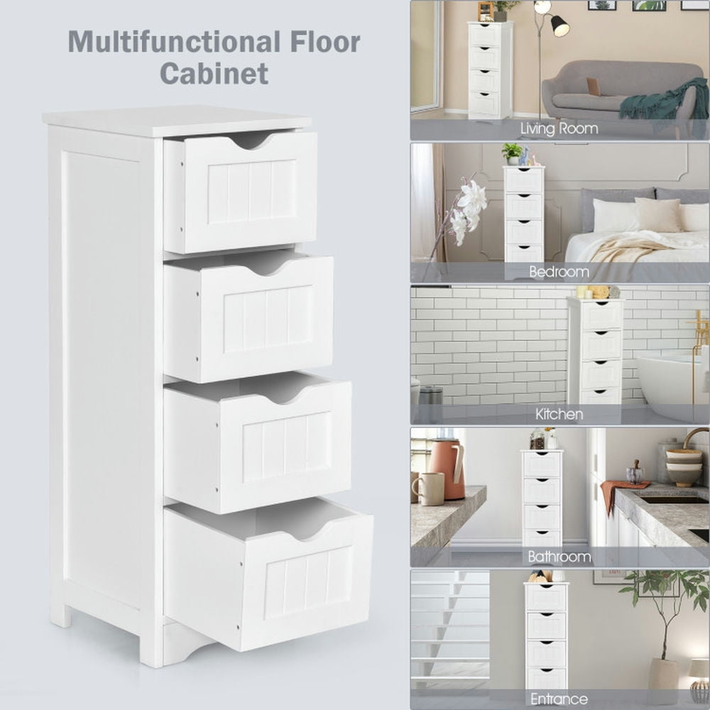Finihen Storage Cabinet, Floor Cabinet, Floor Wooden Free Standing Storage Side Organizer, for Bathroom, Living Room, Bedroom, Kitchen, White