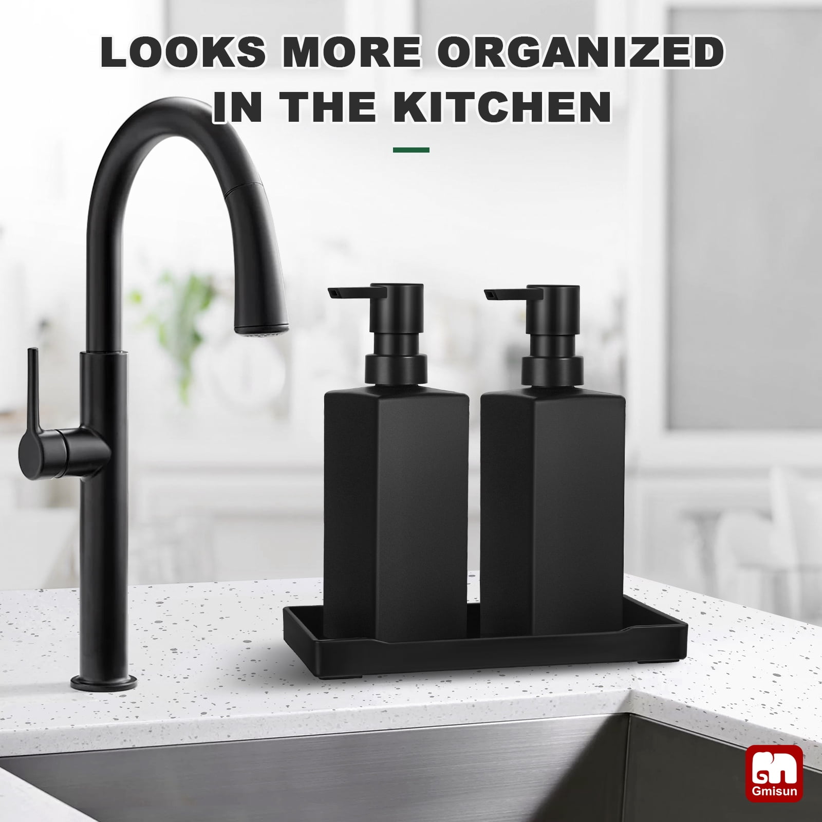 GM GMISUN Black Glass Soap Dispenser with Tray,Hand and Dish Soap Dispenser Set for Bathroom 12oz