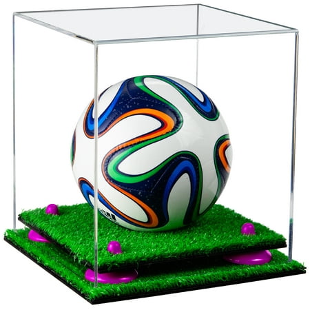 Deluxe Clear Acrylic Mini - Miniature (not Full Size) Soccer Ball Display Case with Purple Risers and Turf Base