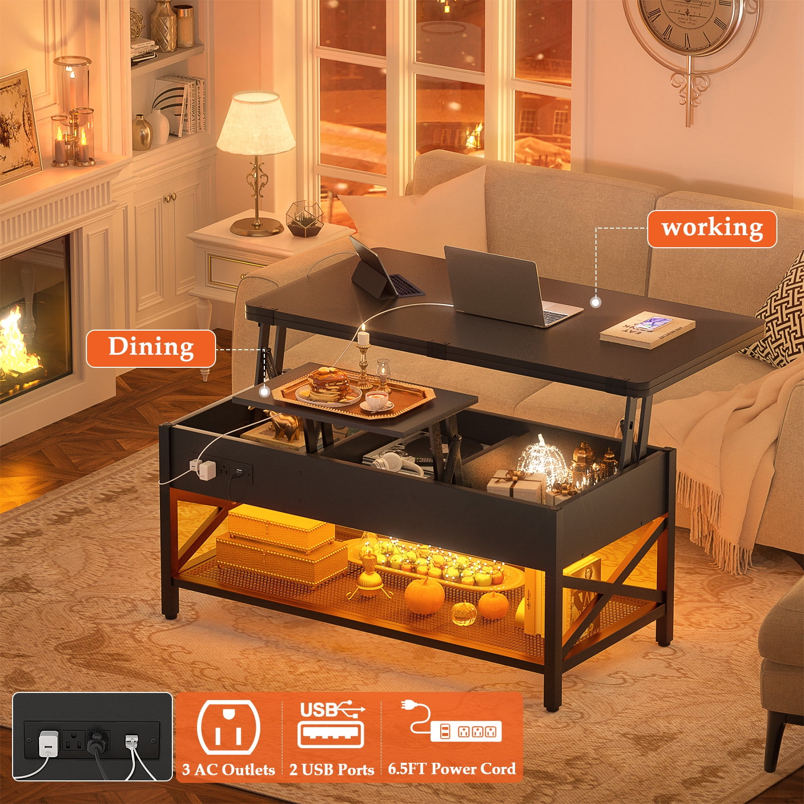 Homieasy Coffee Table Lift Top with LED Light and Power Outlet, Multi-Function Coffee Table Converts to Dining Table, Center Table with Shelves for Living Room Reception Home Office, Black