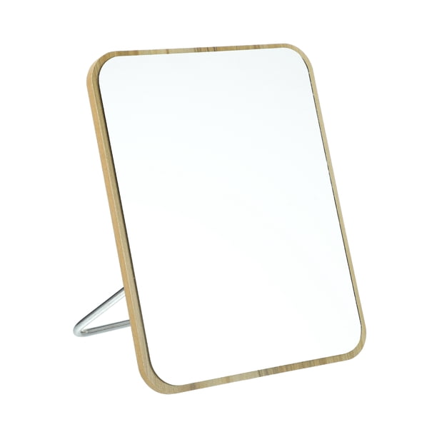 Espejo de Maquillaje de Madera Natural Plegable Cuadrado para Escritorio para Mujeres Beige Pequeño