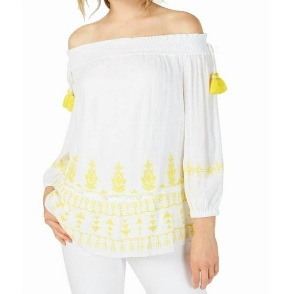 Smocked Embroidered Off The Shoulder Top Bright White M