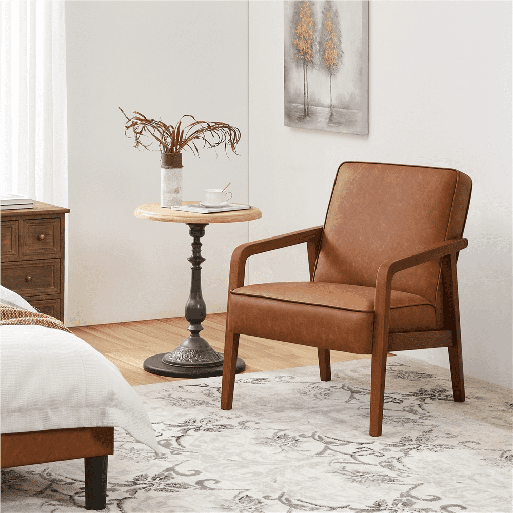 Renwick 2pcs Mid-Century Modern Upholstered Faux Leather Armchair, Light Brown