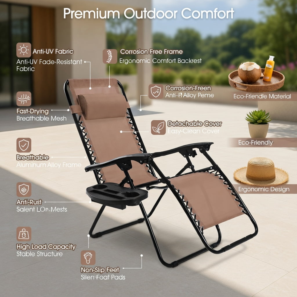 Hommoo 2-Pack Foldable Zero Gravity Lounge Chairs with Adjustable Headrest & Removable Tray, Brown
