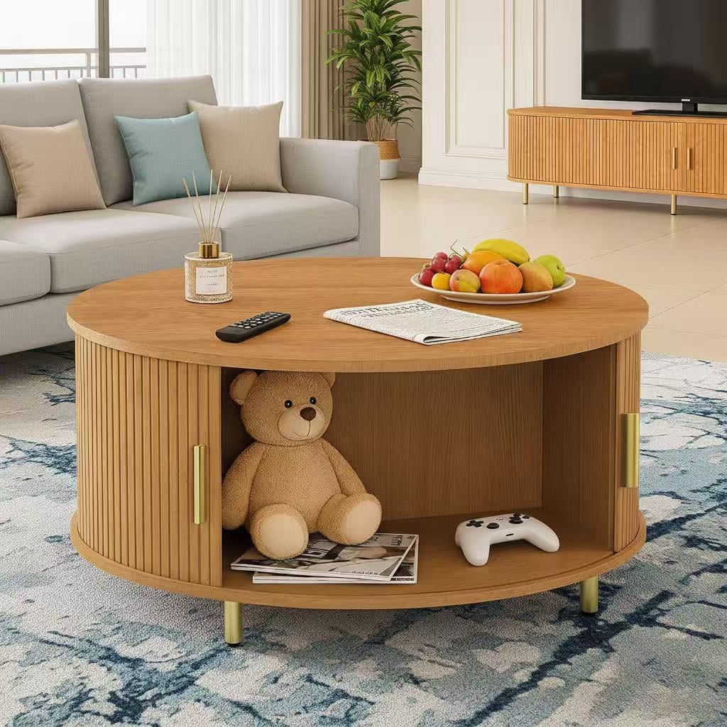 AISWORD Round Coffee Table with 360° Sliding Door, Fluted Accent Coffee Table with Storage Adjustable Footpads for Living Room, Yellow