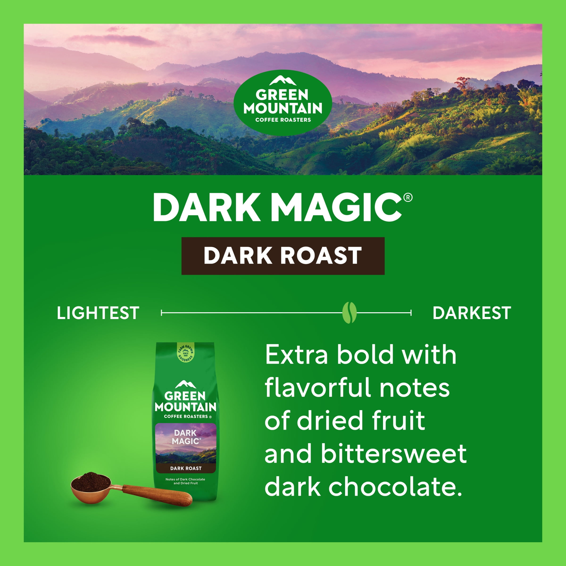 (6 pack) Green Mountain Coffee Roasters, Dark Magic Dark Roast Ground Coffee, Bagged 12 oz