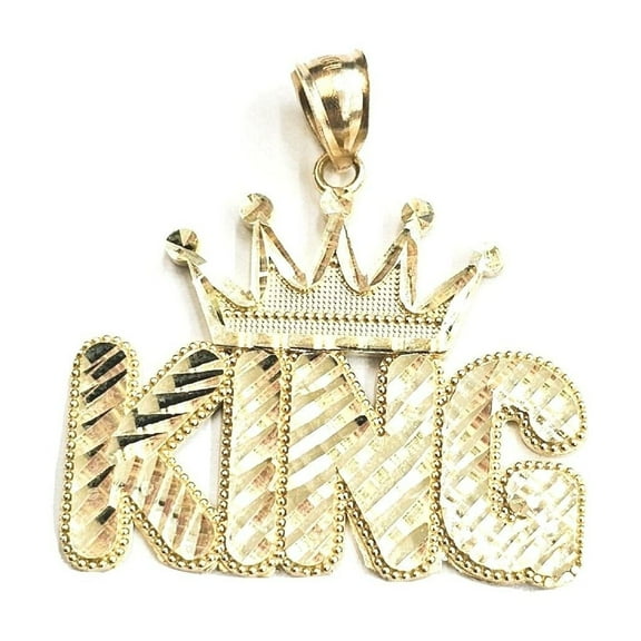 New 10k yellow Gold KING Crown word Pendant charm diamond cut fine jewelry 6.6g