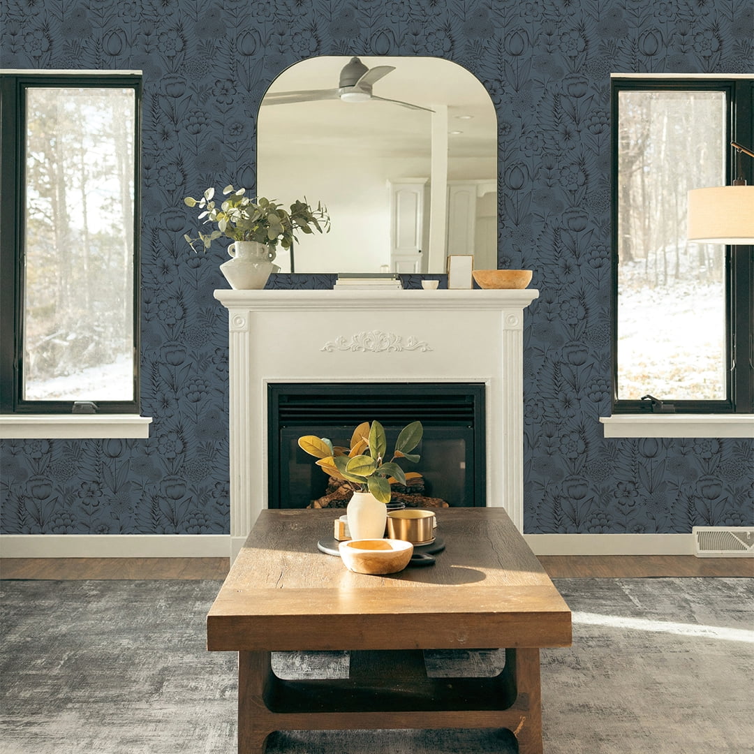 Tempaper Homestead Floral Metallic Blue Peel and Stick Wallpaper, 20.5" x 16.5'