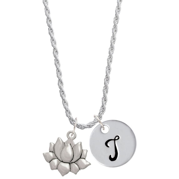 Delight Jewelry Medium Lotus Flower Silvertone Script Initial Disc - T - Charm Necklace, 20"+3"