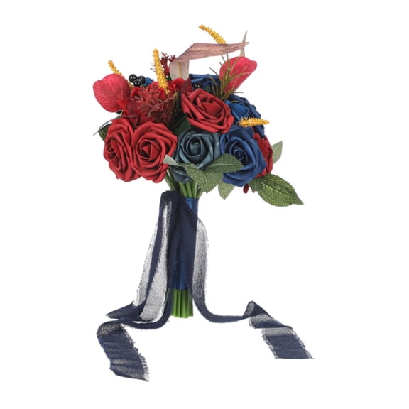 HILABEE Bridal Bouquet Artificial Rose Flowers Fake Flowers Ornament Wedding Bouquet Toss Bouquet for Bridal Shower Festival Ceremony Red and Blue