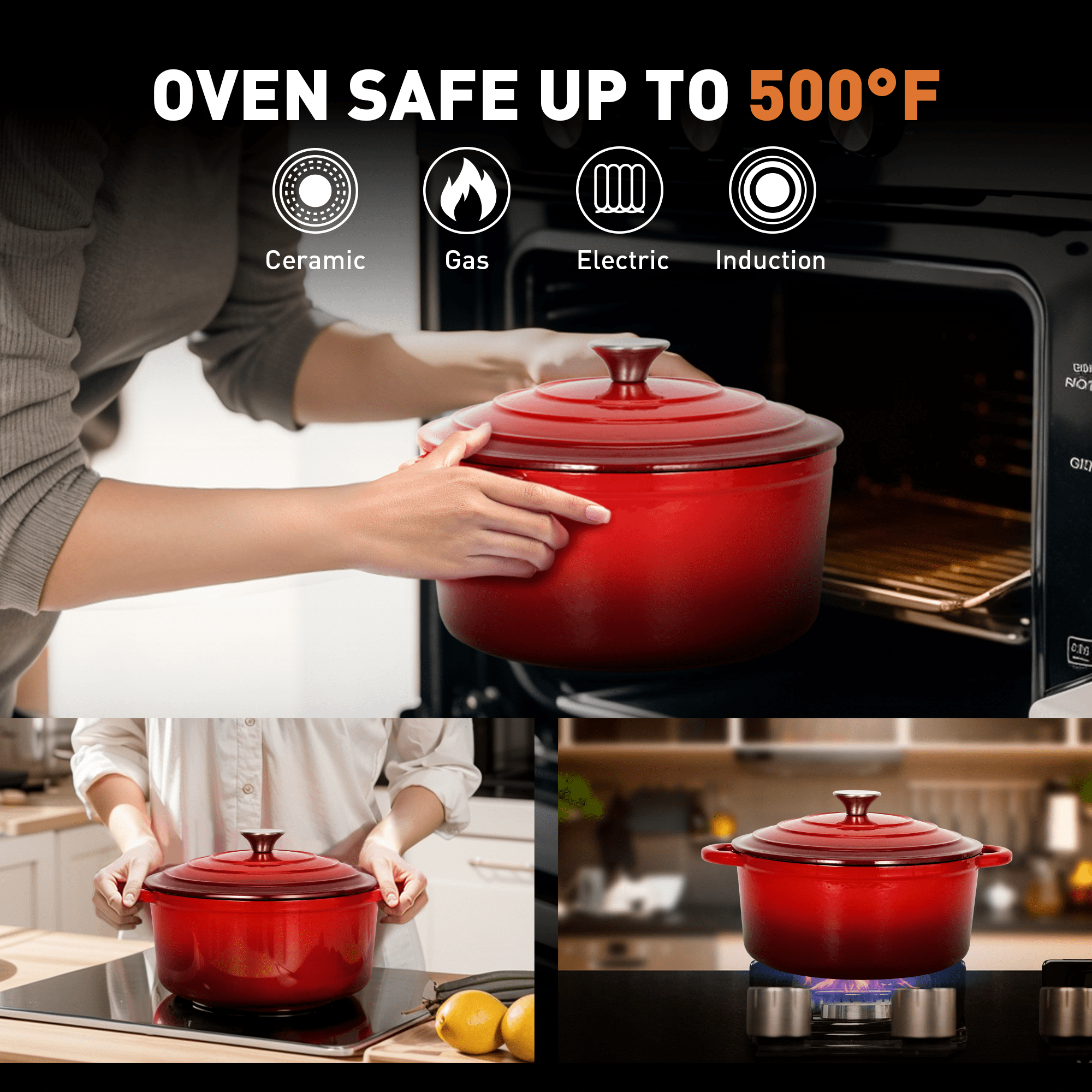 Sophia & William 7 Pieces Enameled Cast Iron Nonstick Cookware Set, Red
