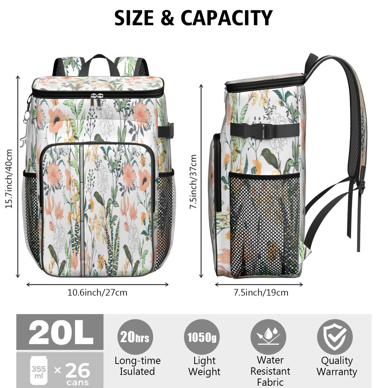 Travel Cooler Bag - Pioneer Flower Floral Print Pattern Camping Beer Cooler Backpack with Bottle Opener- Waterproof Insulated Picnic Backpacks - Cooler Bag for Beach