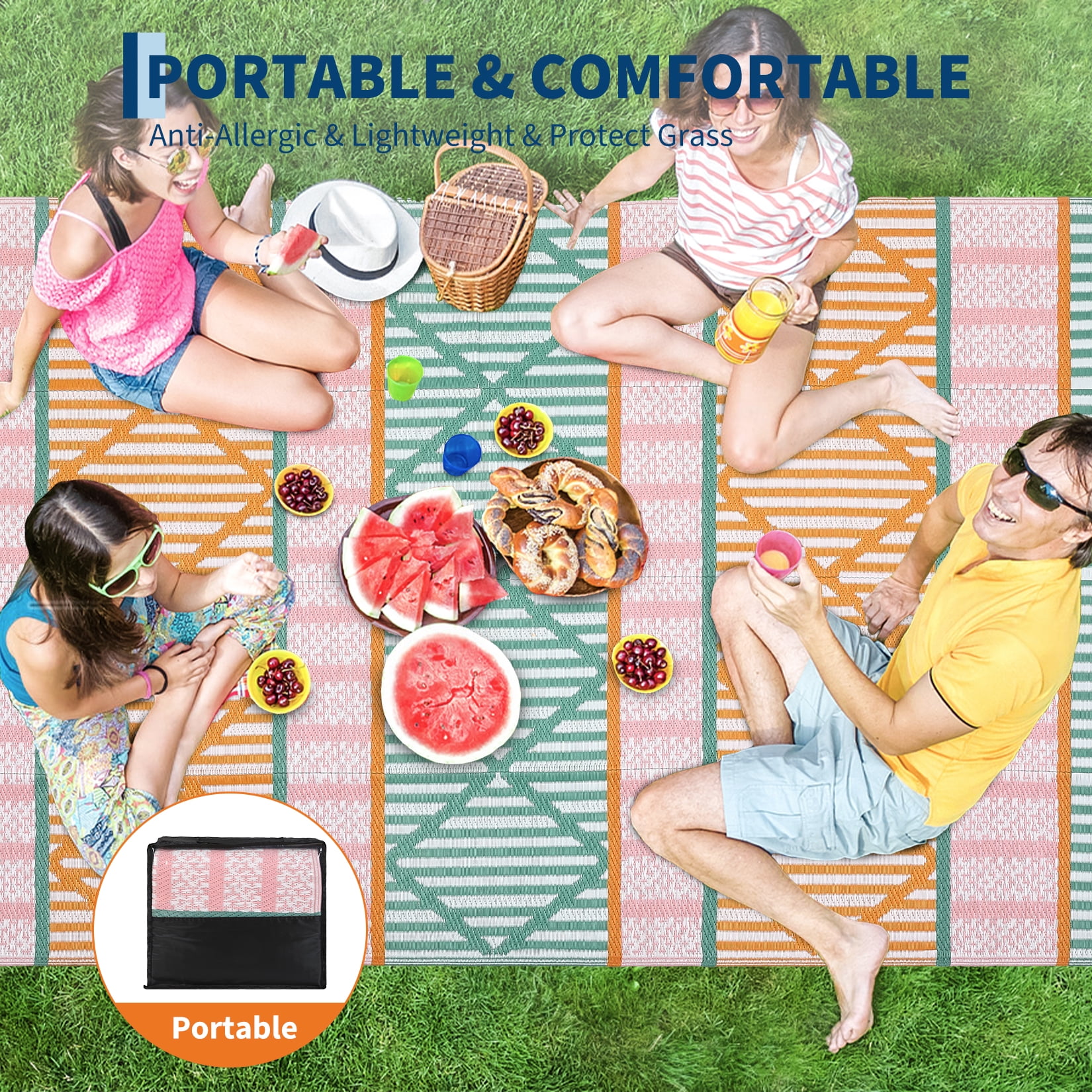 Garvee 8'x10' Outdoor Rug Waterproof Outdoor Patio Rug Mat, Reverisble Plastic Straw Outdoor Rug for RV Camping Picnic Beach Balcony, Colorful