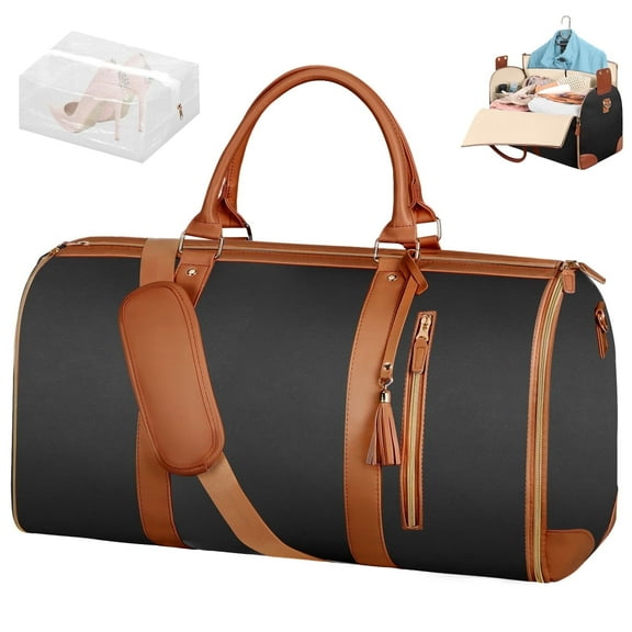 Convertible Travel Garment Bag, Leather Duffel Bag for Men & Women, 2-in-1 Hanging Suit Bag Business Travel Bag with Shoe Pouch, Convertible Weekender, Black