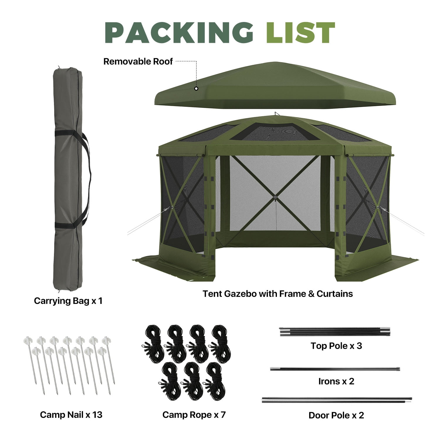 BaPiPro 12x12 FT Pop Up Gazebo with Removable Top for Stargazing, Outdoor Screen House with Sidewalls & Netting, Waterproof Canopy Tent for Patio, Backyard, Camping, Green