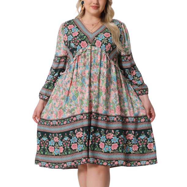 Vestido de verano de talla grande Agnes Orinda para mujeres, casual, bohemio, floral, con cuello en V, manga 3/4, midi, corto, vestido de playa 2X azul y rosa
