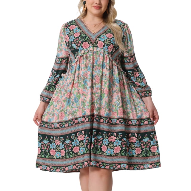 Vestido de verano de talla grande Agnes Orinda para mujeres, casual, bohemio, floral, con cuello en V, manga 3/4, midi, corto, vestido de playa 2X azul y rosa