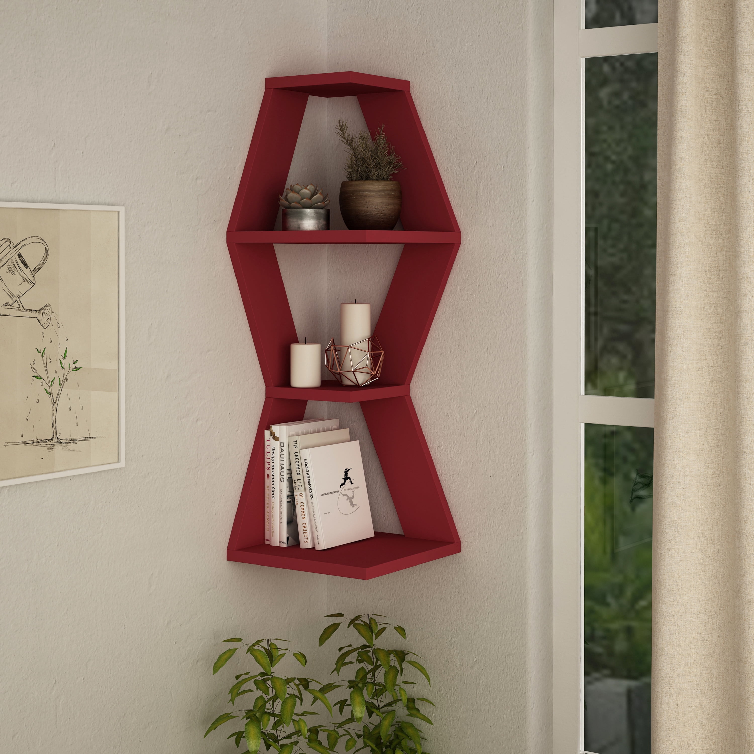 Ada Home Decor Furniture 11.81" 3 Tier Burgundy Caldwell Modern Wall Shelf