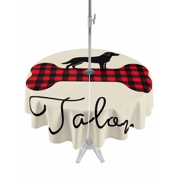 Outdoor Tablecloth with Umbrella Hole and Zipper, Black Red Buffalo Plaid Round Table Cloth 54 Inch Waterproof Tablecloth, Bones Cute Dogs Pets Picnic Table Cover for Patio Camping