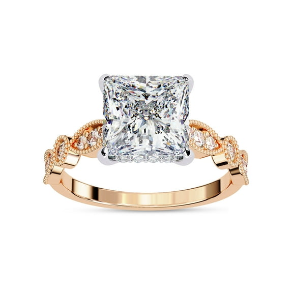 IGI Certified Lab Grown Diamond Engagement Ring | Center 7.5MM Princess Cut Beaded Hidden Halo Solitaire Wedding Rings For Women In 18K Solid Rose Gold | F-G, VS-SI Quality (2.60 Ctw) Ring Size-9.5