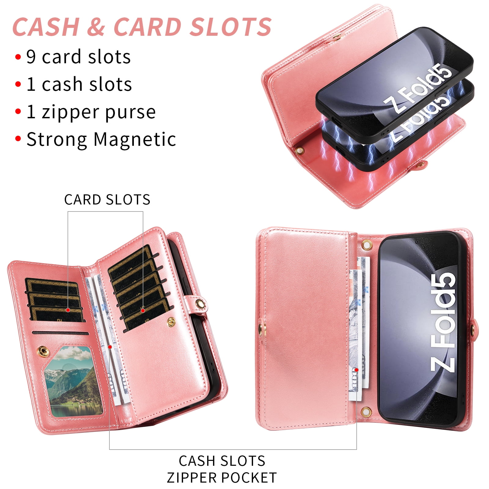 Asuwish Phone Case for Samsung Galaxy Z Fold 5 5G 2023 Zipper Wallet Cell Cover Crossbody Strap Flower Flip Card Holder ZFold5 Z5 G Fold5 ZFold 5Z Women Rose Gold