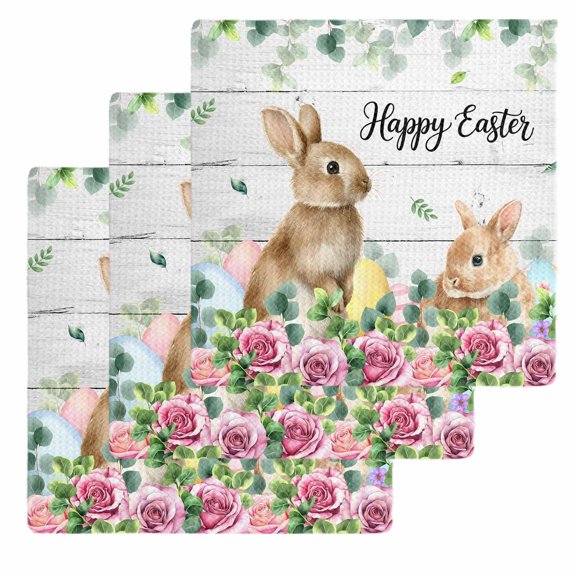 Easter Kitchen Dish Towels for Drying Dishes Set of 3, Spring Watercolor Bunny Eggs Flower Leaf Wooden Grey Waffle Weave Microfiber Hand Tea Bathroom Towels Quick Dry & Absorbent Towel 12x12