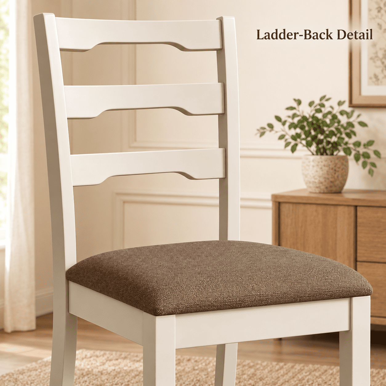 Furnibear Linen Style Upholstered Dining Chairs Set of 2 with Ladder Back and Solid Rubber Wood Frames for Farmhouse Kitchen, White