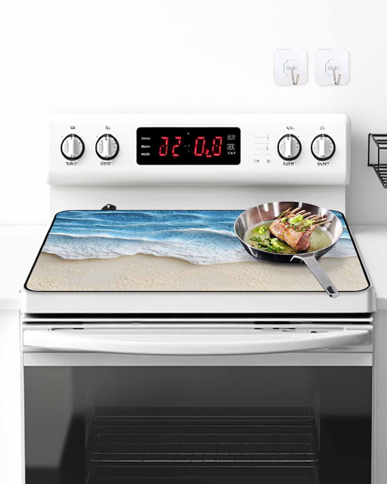 Abstract Beach Wave Stove Top Covers for Electric Stove, 28'x20'' Watercolor Blue Ocean Decor Glass Ceramic Stove Cover Foldable Rubber Mat Heat Resistant Cooktop Protector for Kitchen