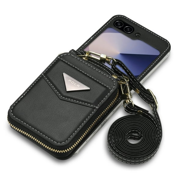 Dteck for Samsung Galaxy Z Flip 5 Wallet Case, Crossbody Zipper Purse with Credit Card Slot Holder PU Leather Adjustable Lanyard Detachable Strap Wrist for Women Men,Black