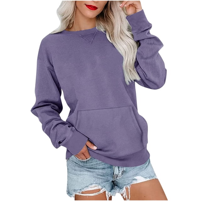 Pisexur Chandails pour Femmes 2024 Tendance Couleur Unie Chandails à Col Rond Chandails à Manches Longues pour Femmes Décontracté Ample Surdimensionné Chandail à Capuchon Chandail à Enfiler Hauts Mode Basique Vêtements d'Automne avec Poches