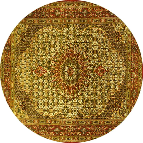 Ahgly Company Machine Washable Indoor Round Medallion Yellow Traditional Area Rugs, 4' Round