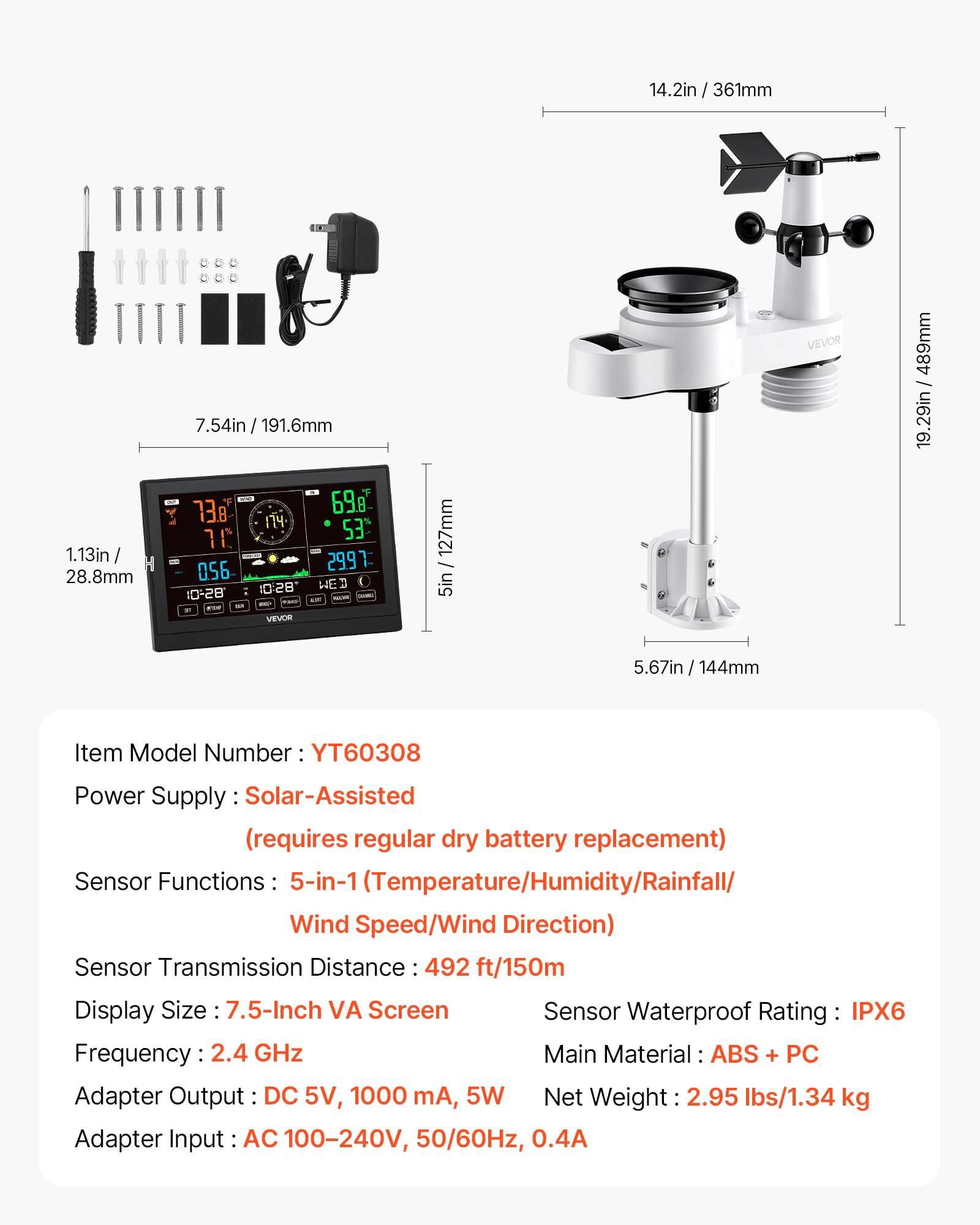 5 in 1 Wi-Fi Weather Station with 7.5 Inch VA Display Wireless Solar Powered Outdoor Sensor Rain Gauge for Indoor Outdoor Weather Forecast Wind Speed Direction Temperature Humidity Rainfall