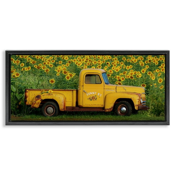 Stupell Industries Yellow Pickup in Sunflower Field Transportation Photography Black Floater Framed Canvas Art Print Wall Art, 25 x 11